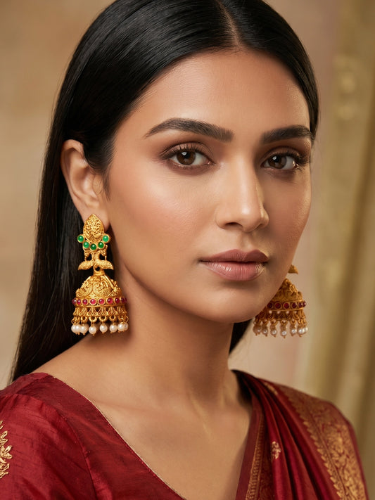 Aadita Traditional Gold Plated Green & Red Stone Jhumka Earrings