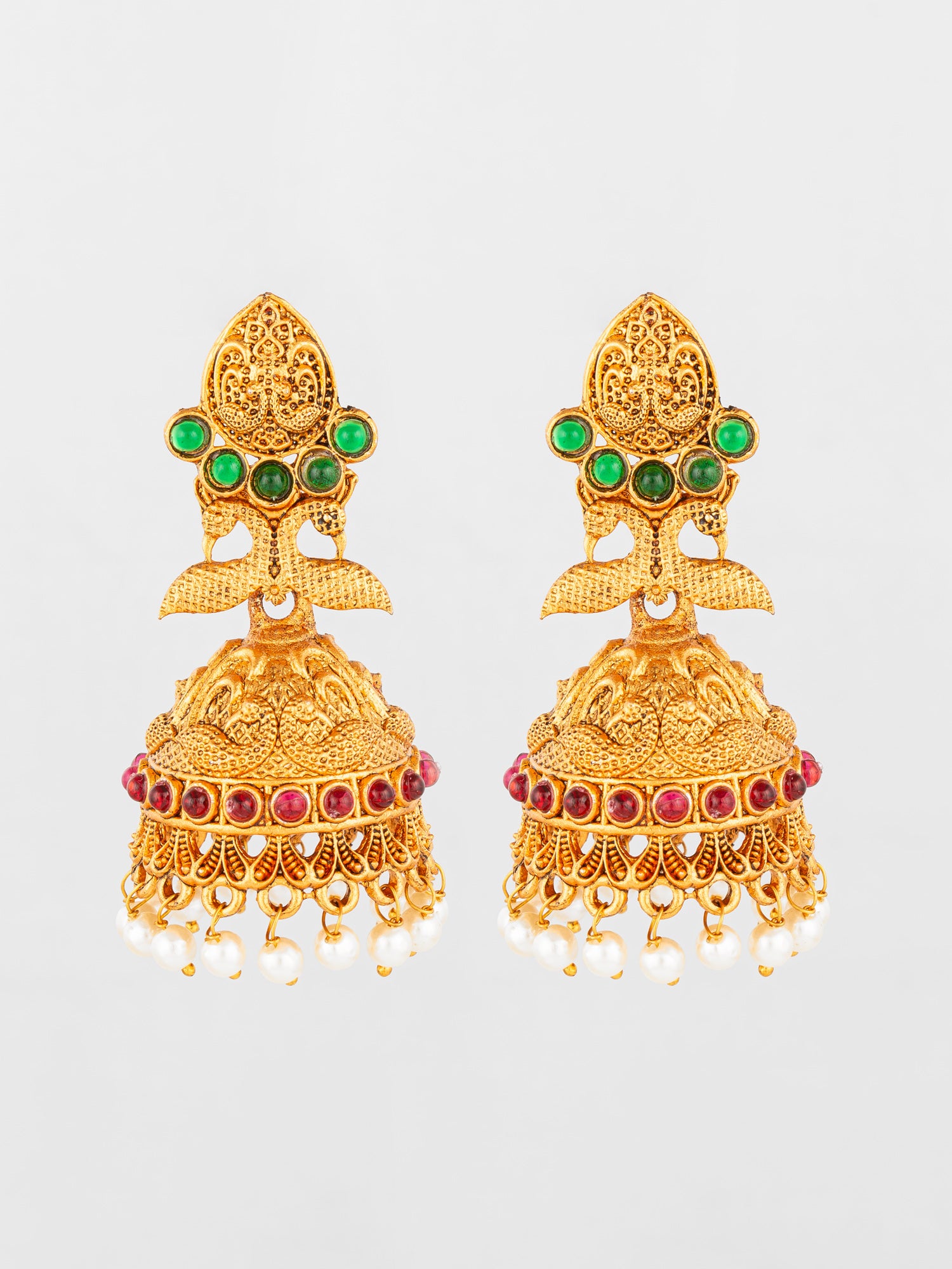 Aadita Traditional Gold Plated Green & Red Stone Jhumka Earrings
