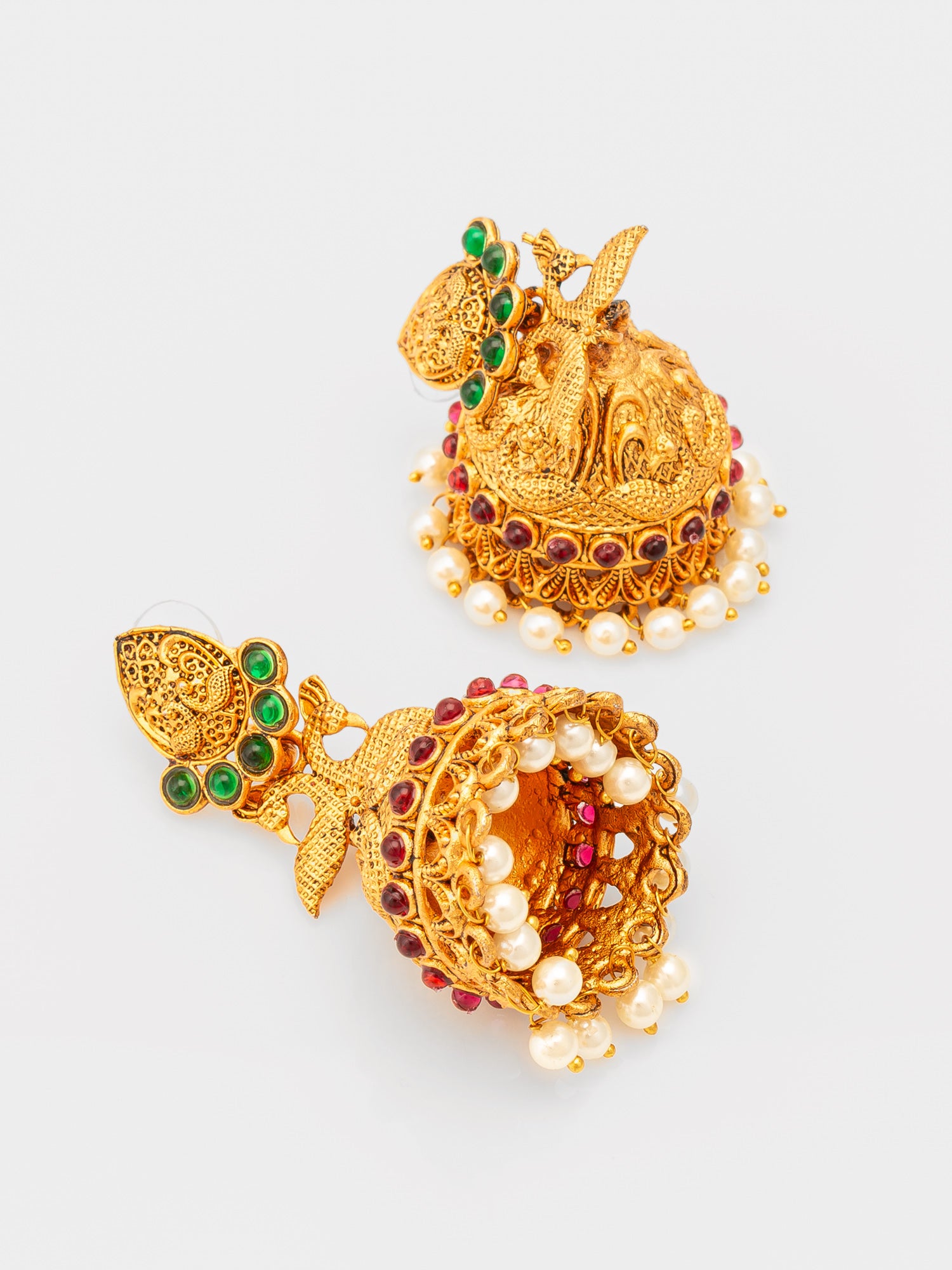 Aadita Traditional Gold Plated Green & Red Stone Jhumka Earrings