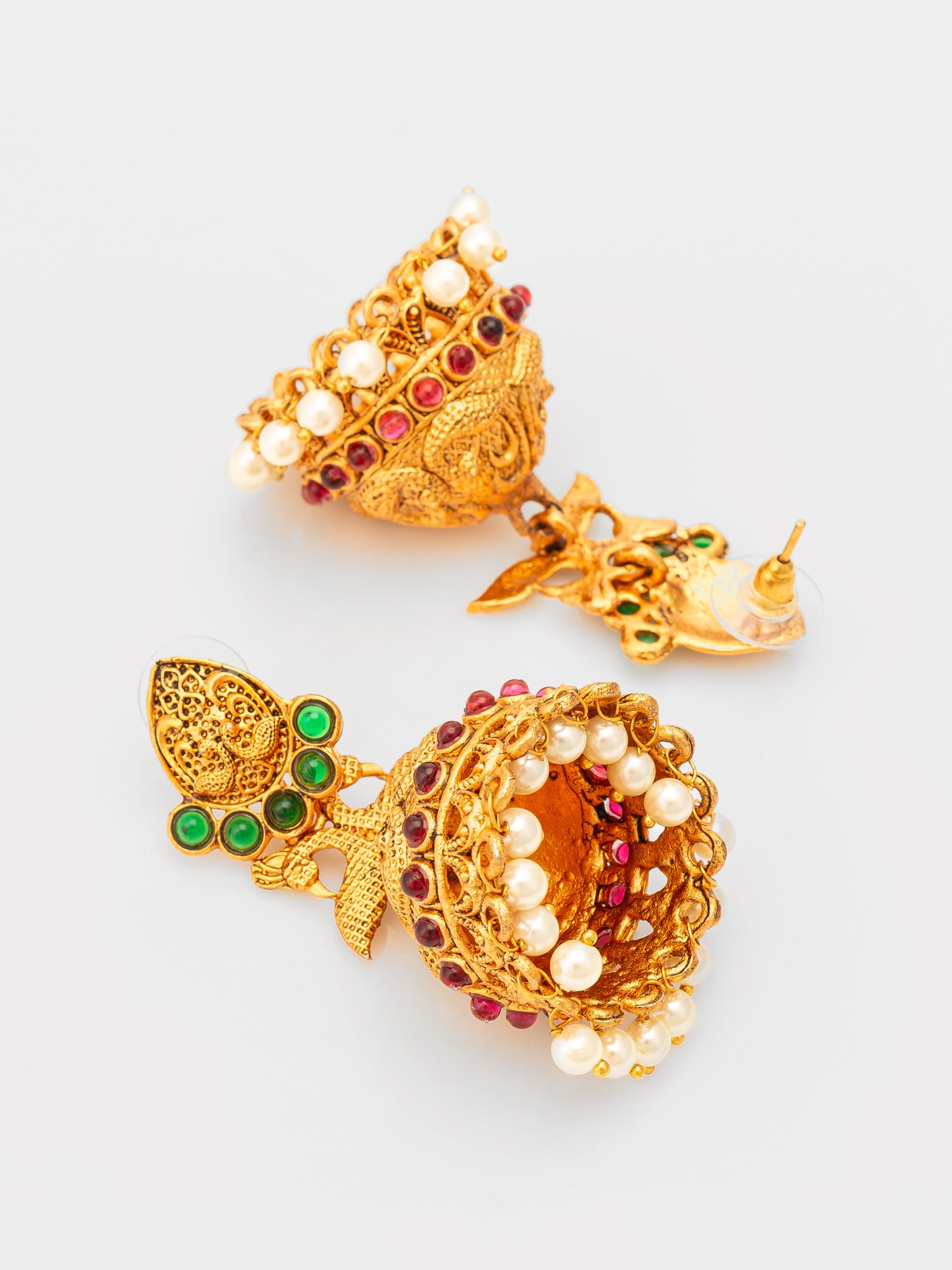 Aadita Traditional Gold Plated Green & Red Stone Jhumka Earrings