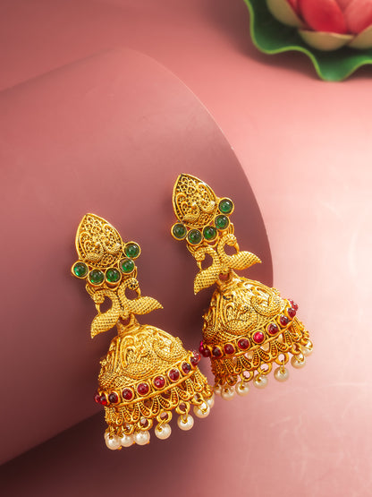 Aadita Traditional Gold Plated Green & Red Stone Jhumka Earrings