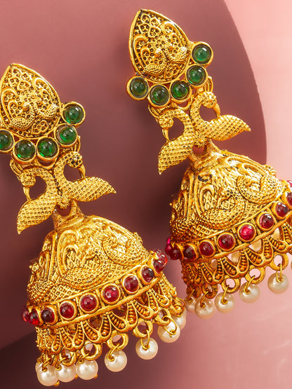 Aadita Traditional Gold Plated Green & Red Stone Jhumka Earrings