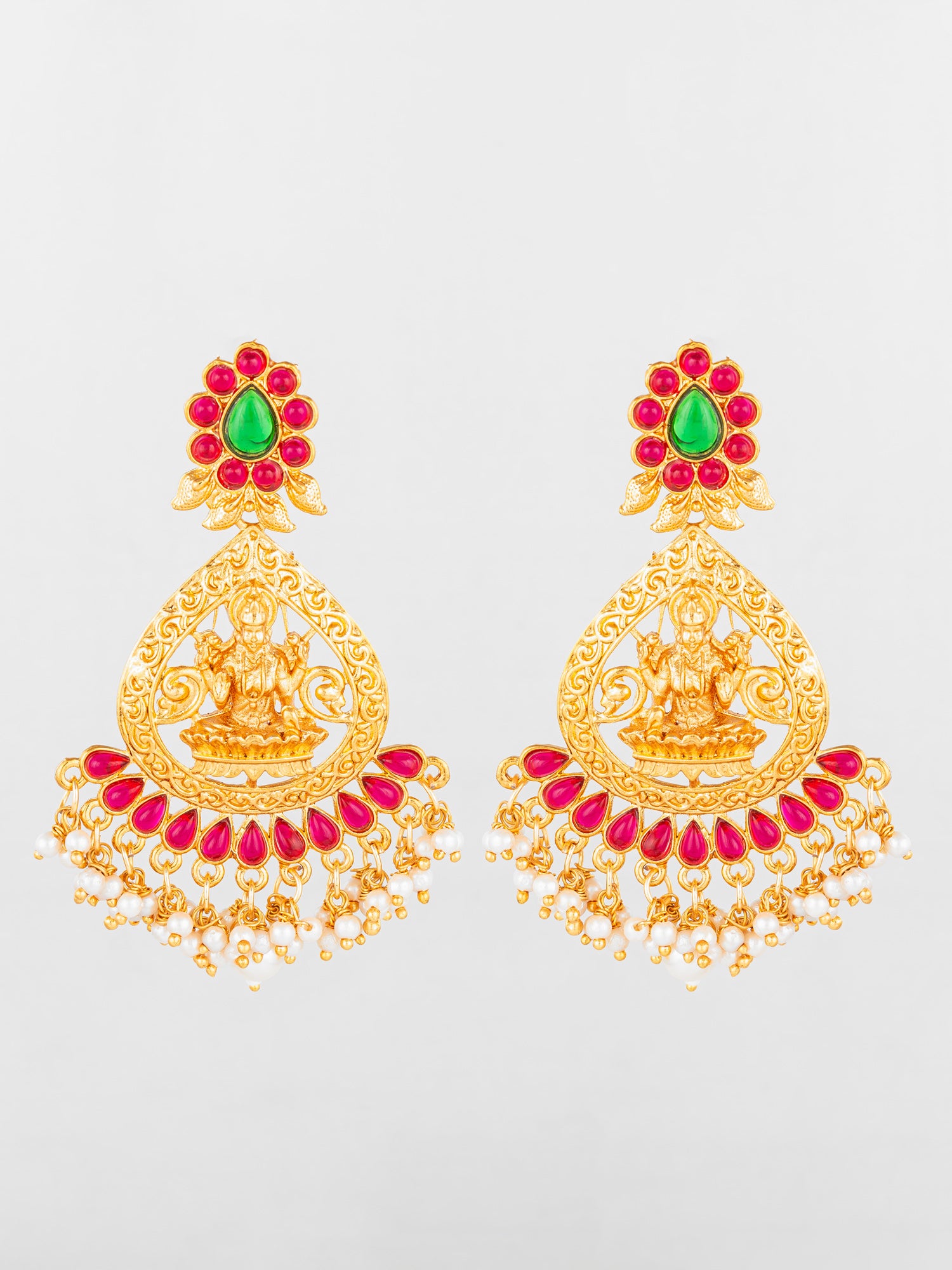 Aadita Temple Design Gold Plated Earrings with Green & Red Stones