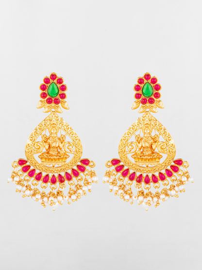 Aadita Temple Design Gold Plated Earrings with Green & Red Stones