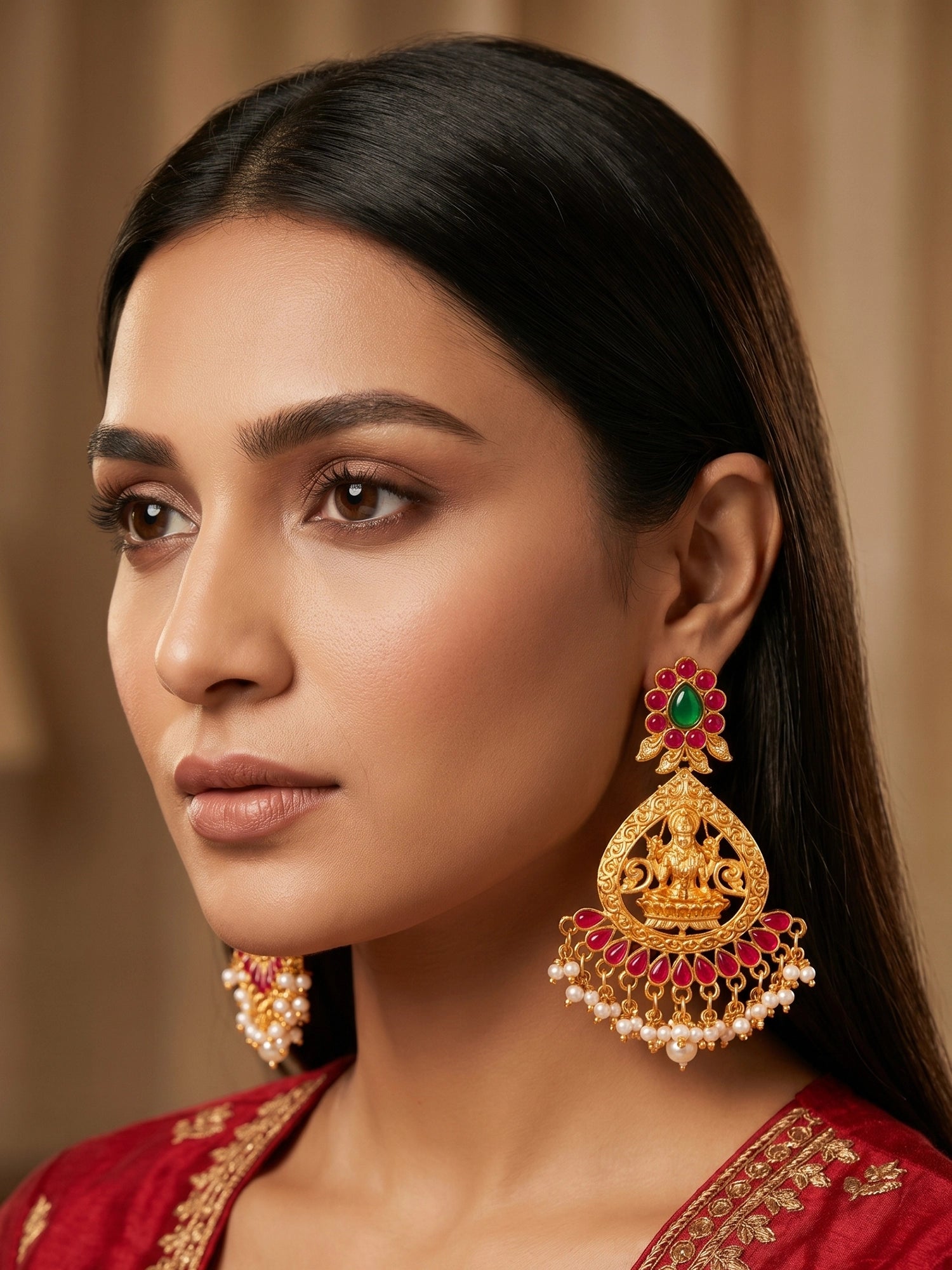 Aadita Temple Design Gold Plated Earrings with Green & Red Stones