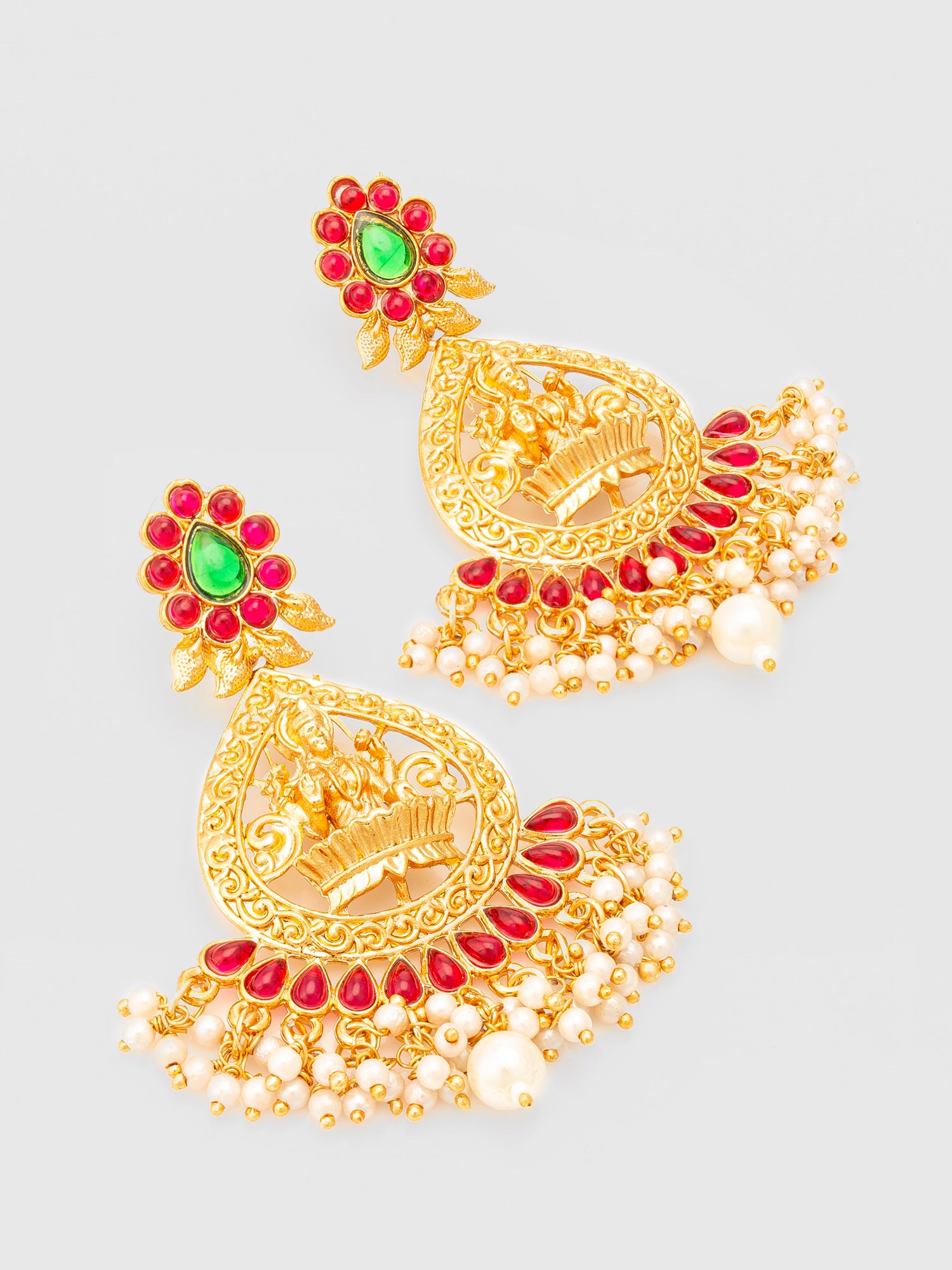 Aadita Temple Design Gold Plated Earrings with Green & Red Stones