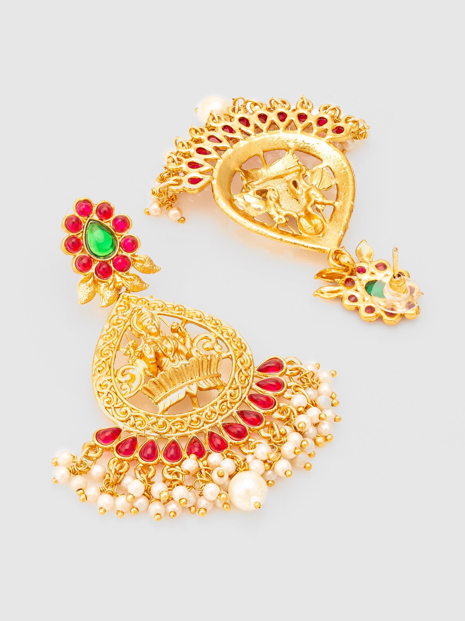 Aadita Temple Design Gold Plated Earrings with Green & Red Stones