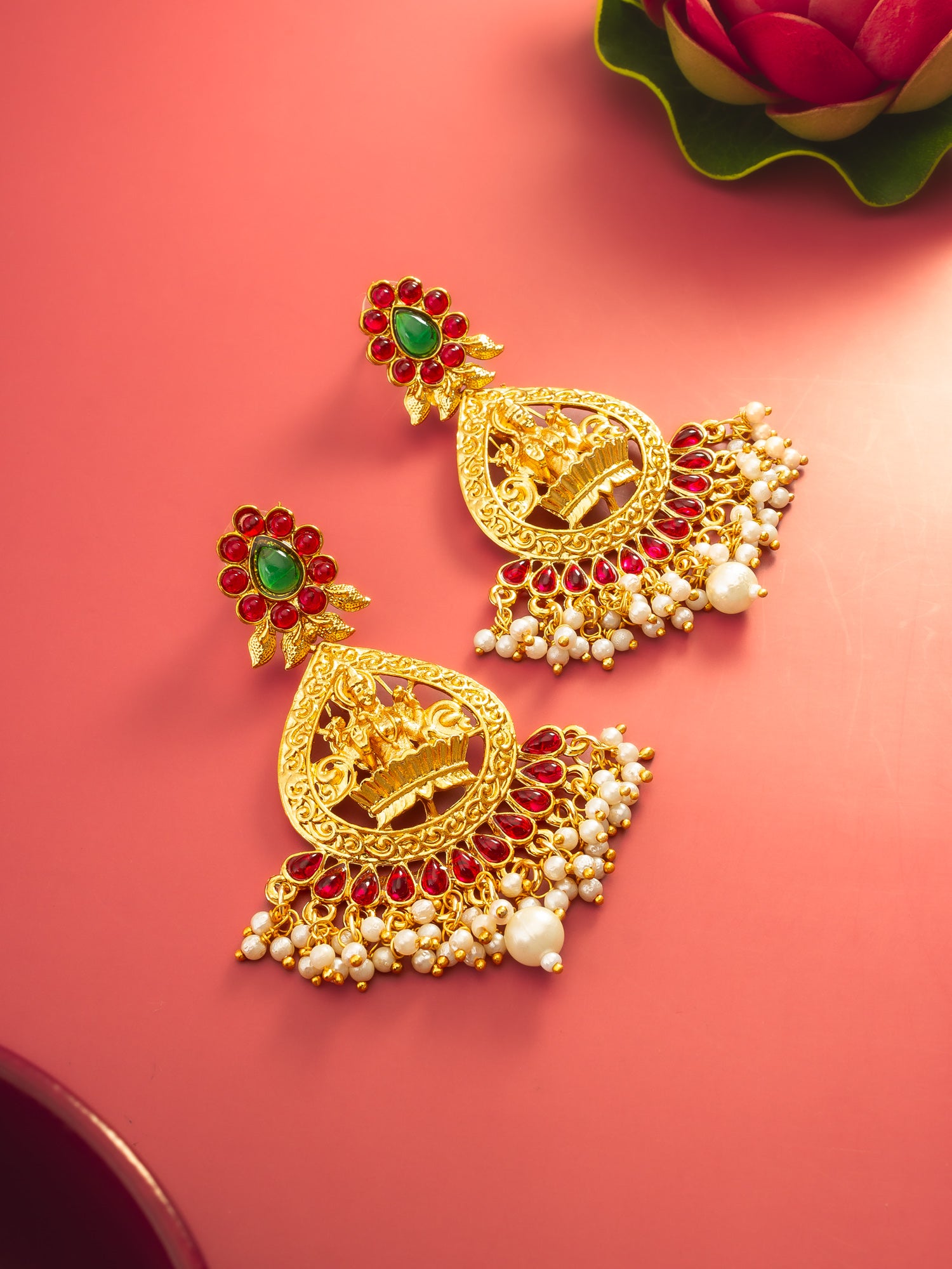 Aadita Temple Design Gold Plated Earrings with Green & Red Stones