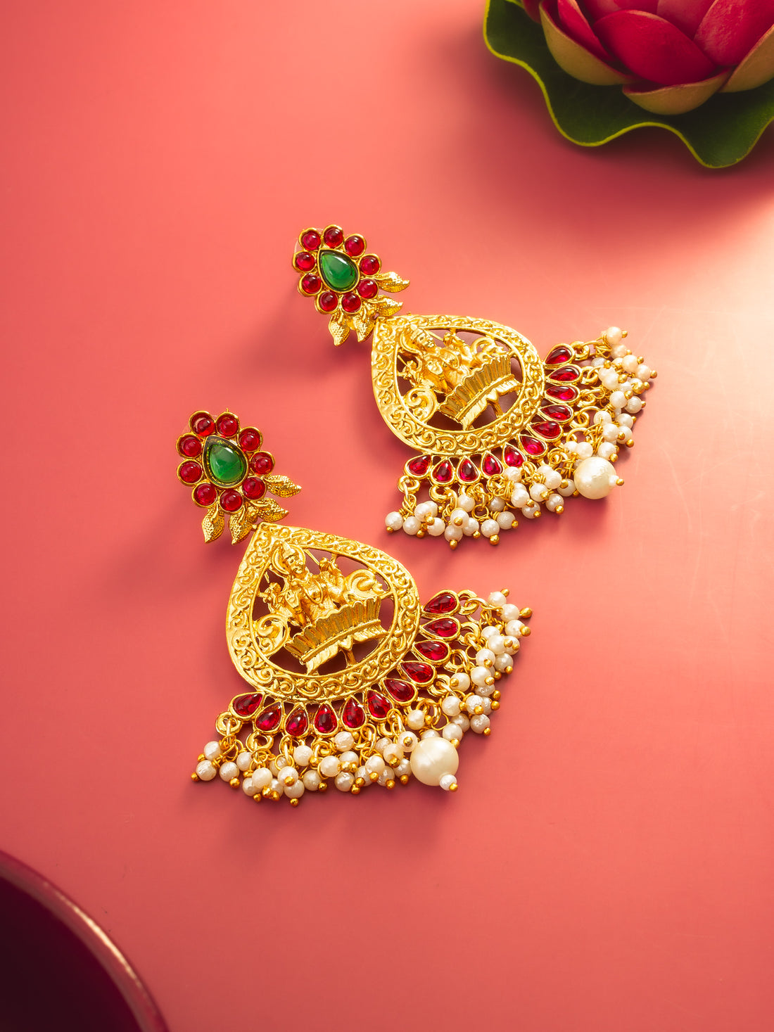 Aadita Temple Design Gold Plated Earrings with Green & Red Stones