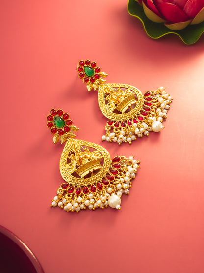 Aadita Temple Design Gold Plated Earrings with Green & Red Stones
