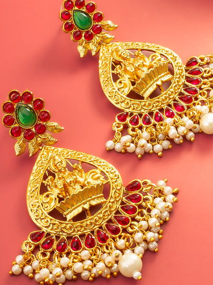 Aadita Temple Design Gold Plated Earrings with Green & Red Stones