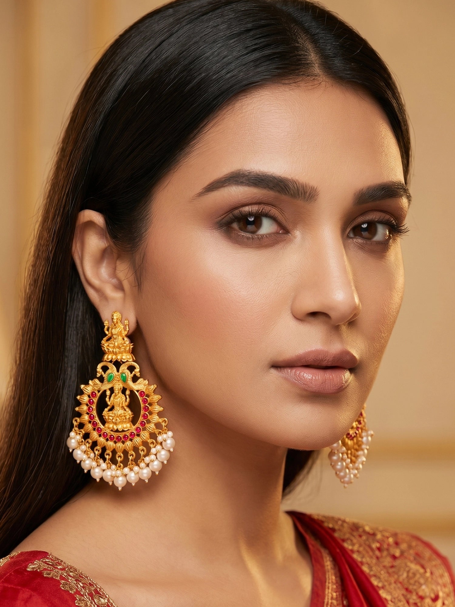 Aadita Grand Temple Style Gold Plated Chandelier Earrings with Pearl Drops