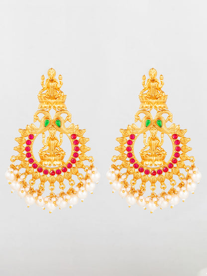 Aadita Grand Temple Style Gold Plated Chandelier Earrings with Pearl Drops