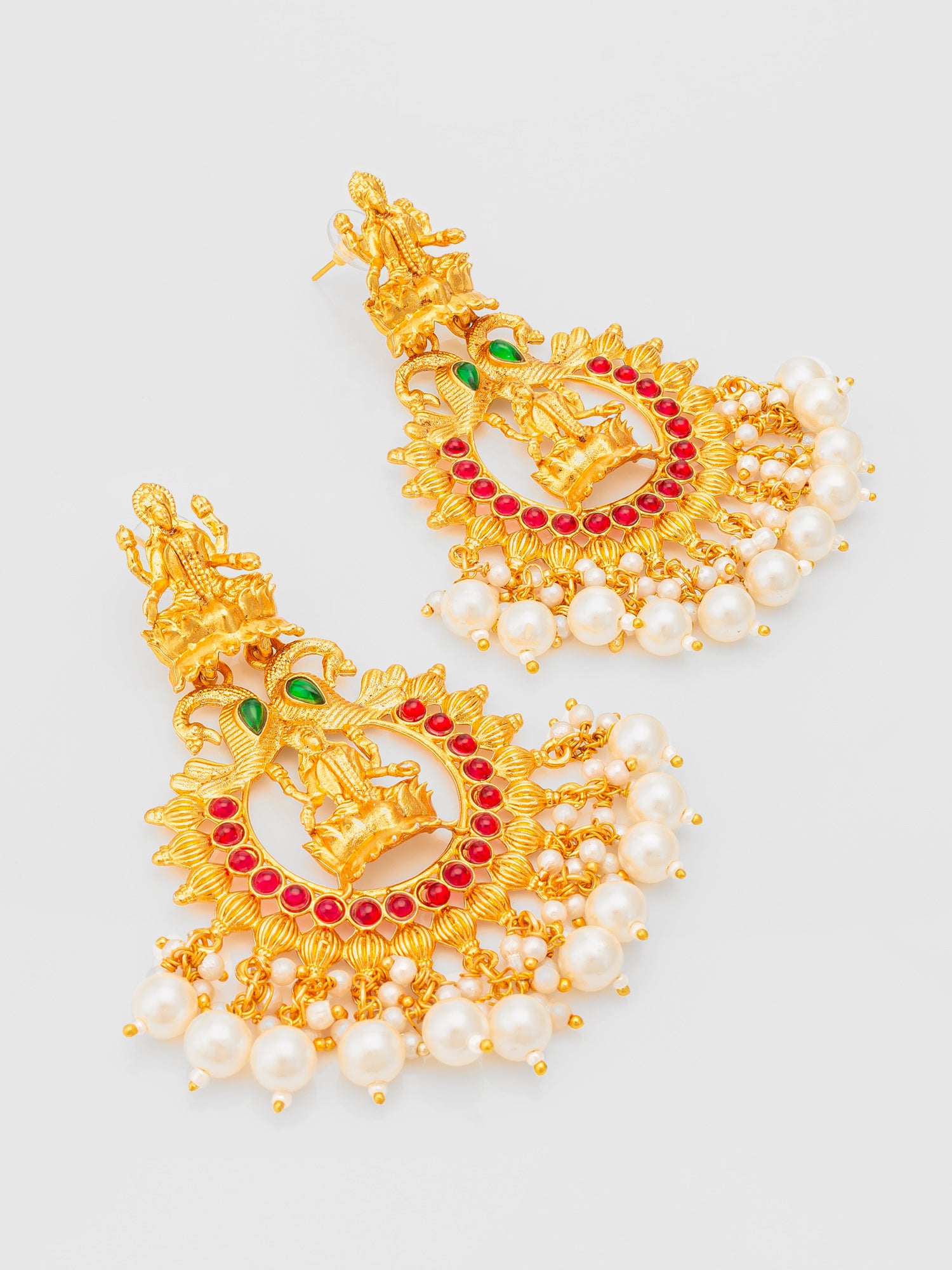 Aadita Grand Temple Style Gold Plated Chandelier Earrings with Pearl Drops