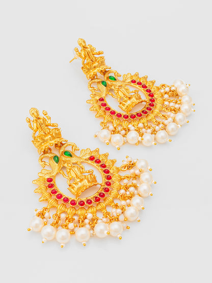 Aadita Grand Temple Style Gold Plated Chandelier Earrings with Pearl Drops