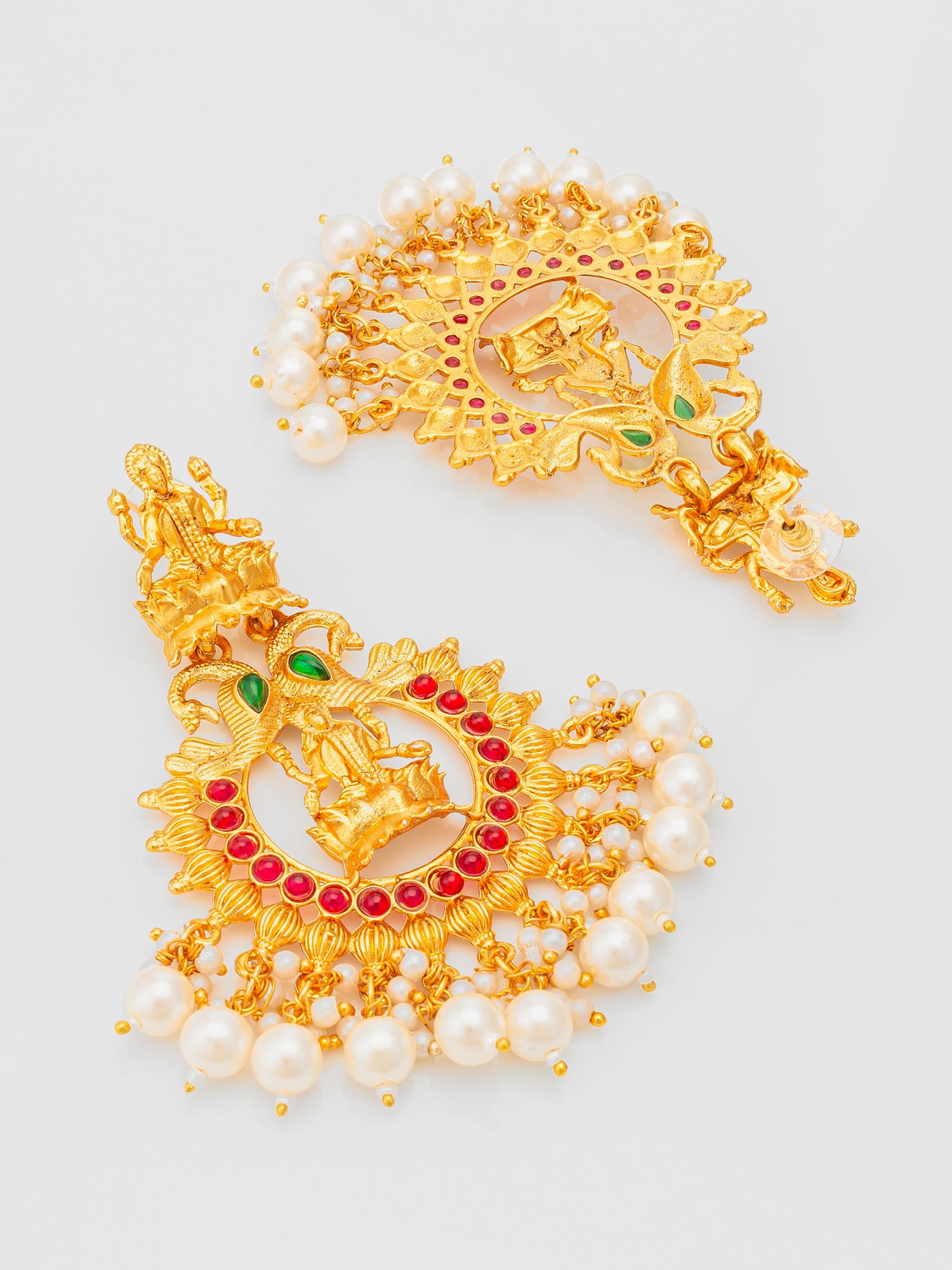 Aadita Grand Temple Style Gold Plated Chandelier Earrings with Pearl Drops