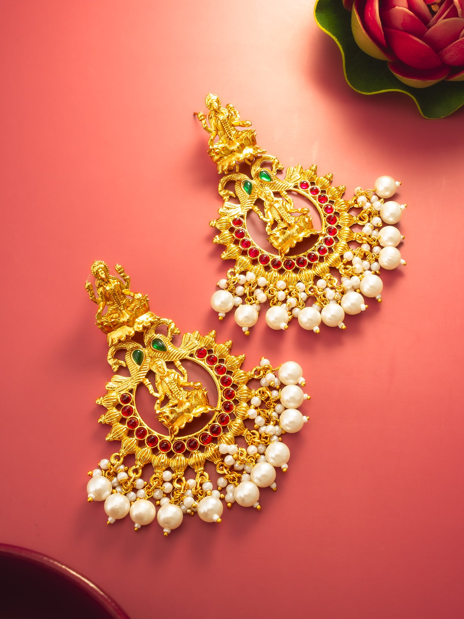Aadita Grand Temple Style Gold Plated Chandelier Earrings with Pearl Drops
