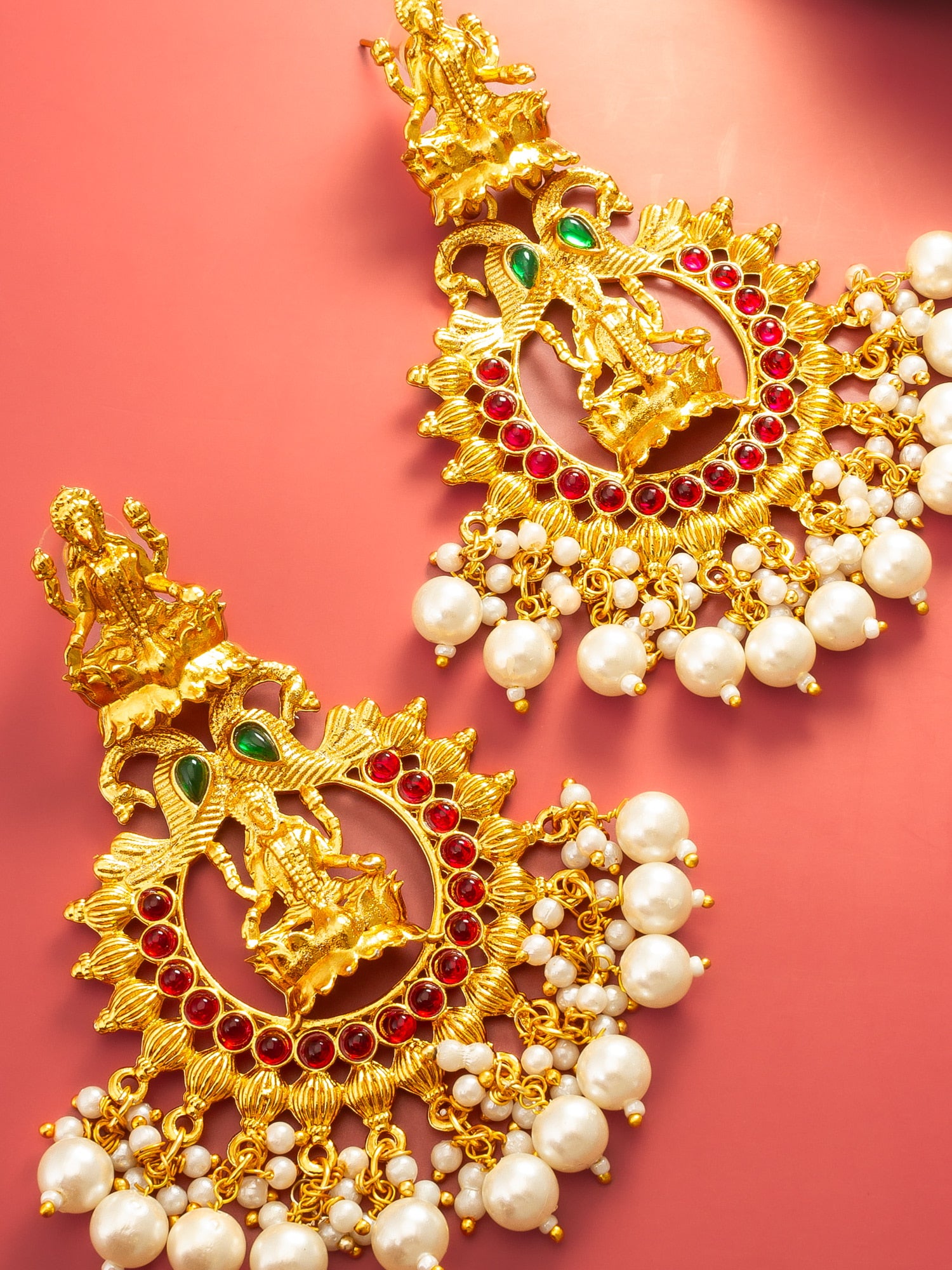 Aadita Grand Temple Style Gold Plated Chandelier Earrings with Pearl Drops