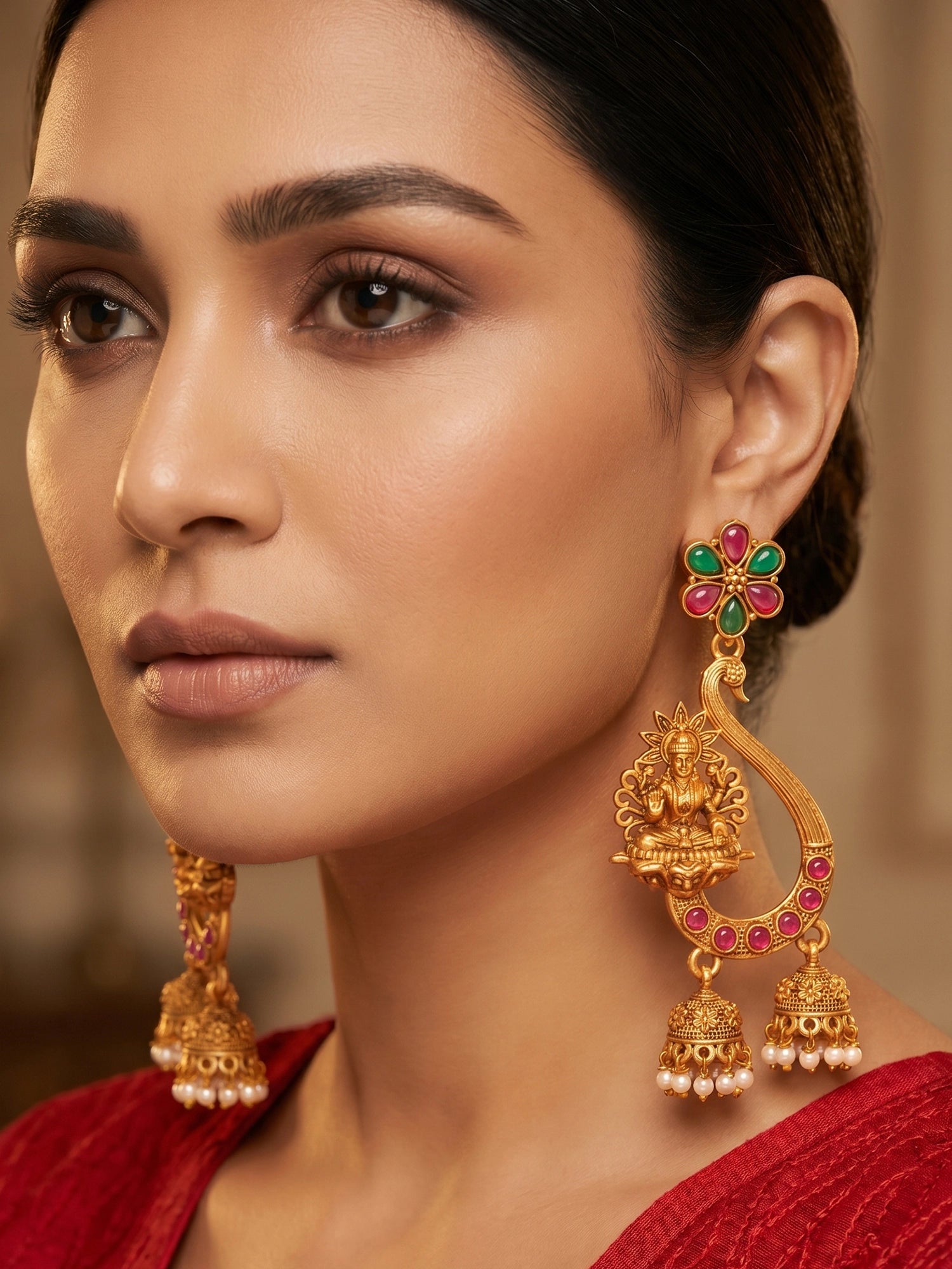 Aadita Temple Lakshmi Chandbali Jhumka Earrings with Stones