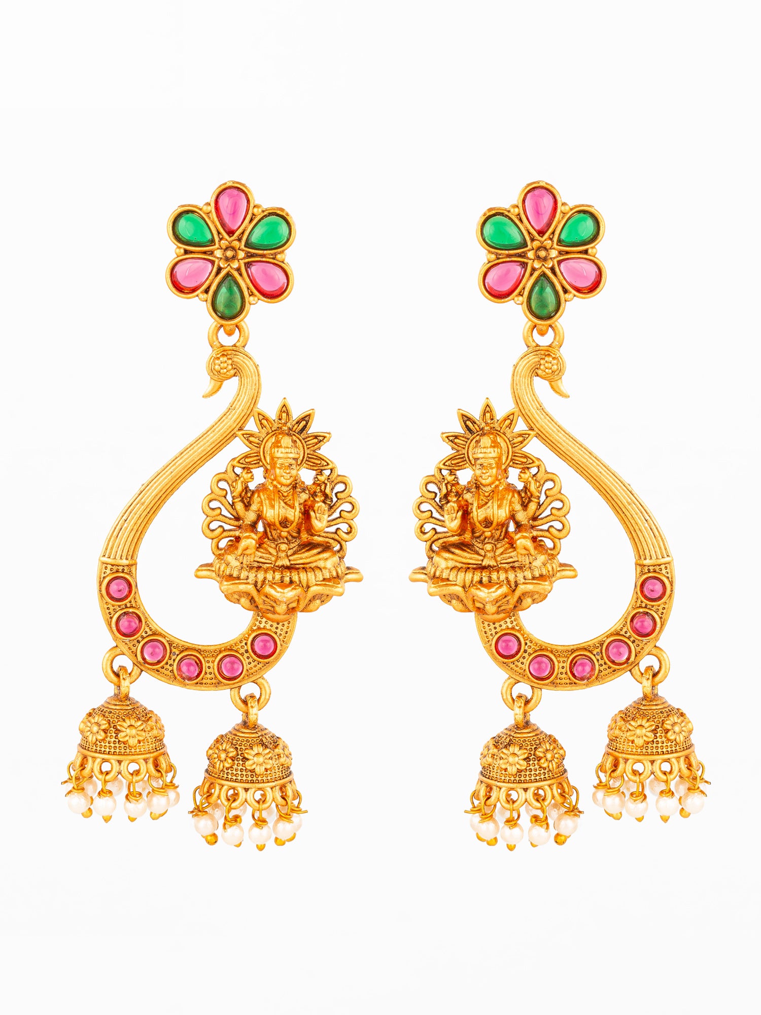 Aadita Temple Lakshmi Chandbali Jhumka Earrings with Stones