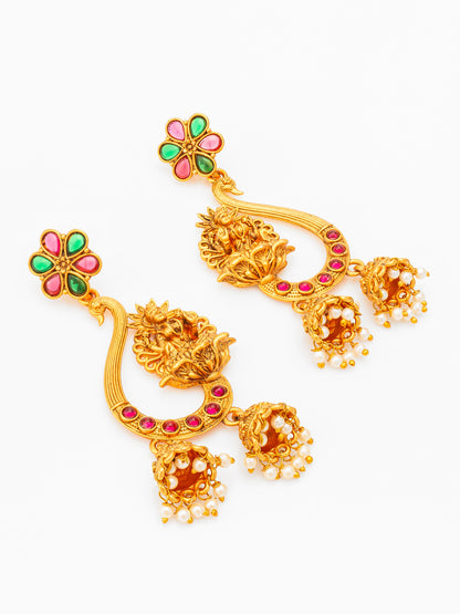 Aadita Temple Lakshmi Chandbali Jhumka Earrings with Stones