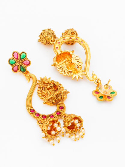 Aadita Temple Lakshmi Chandbali Jhumka Earrings with Stones