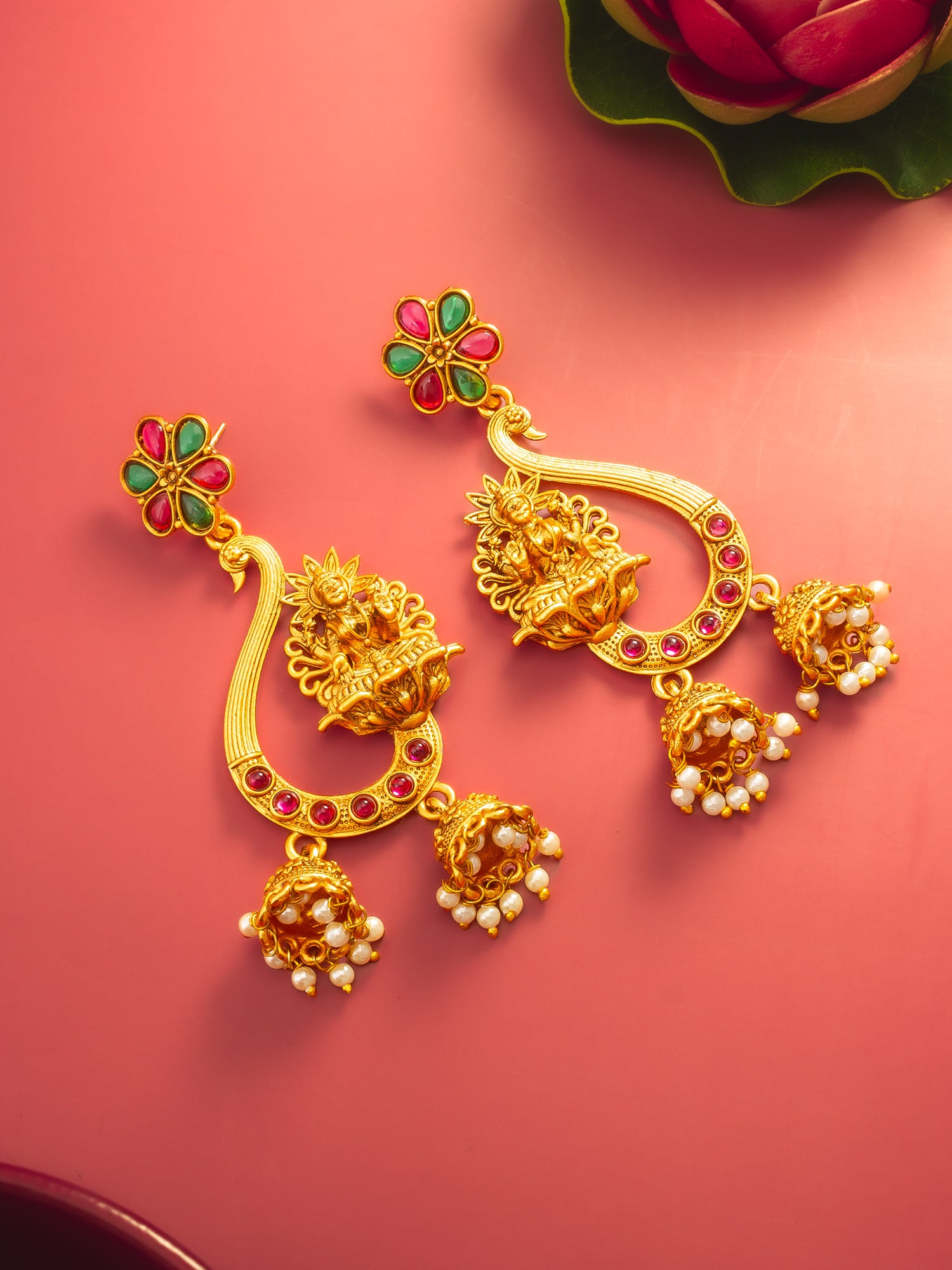 Aadita Temple Lakshmi Chandbali Jhumka Earrings with Stones