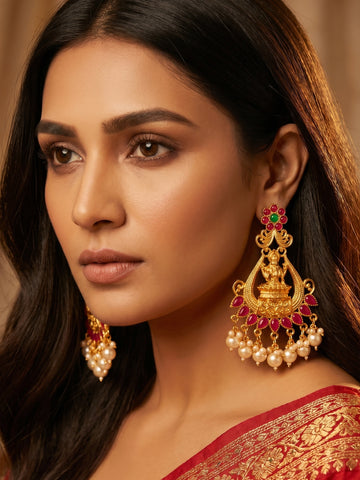 Aadita Temple Style Gold Plated Pink & Green Chandelier Earrings