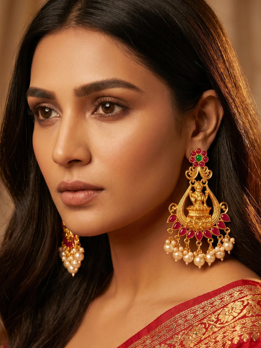 Aadita Temple Style Gold Plated Pink & Green Chandelier Earrings