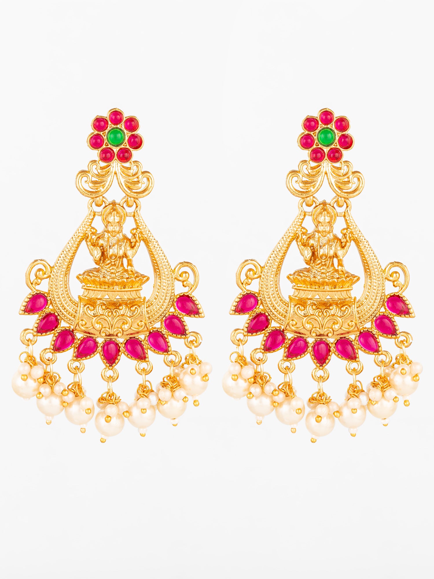 Aadita Temple Style Gold Plated Pink & Green Chandelier Earrings