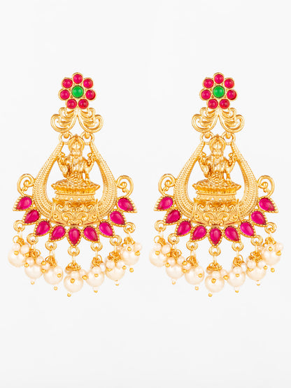 Aadita Temple Style Gold Plated Pink & Green Chandelier Earrings