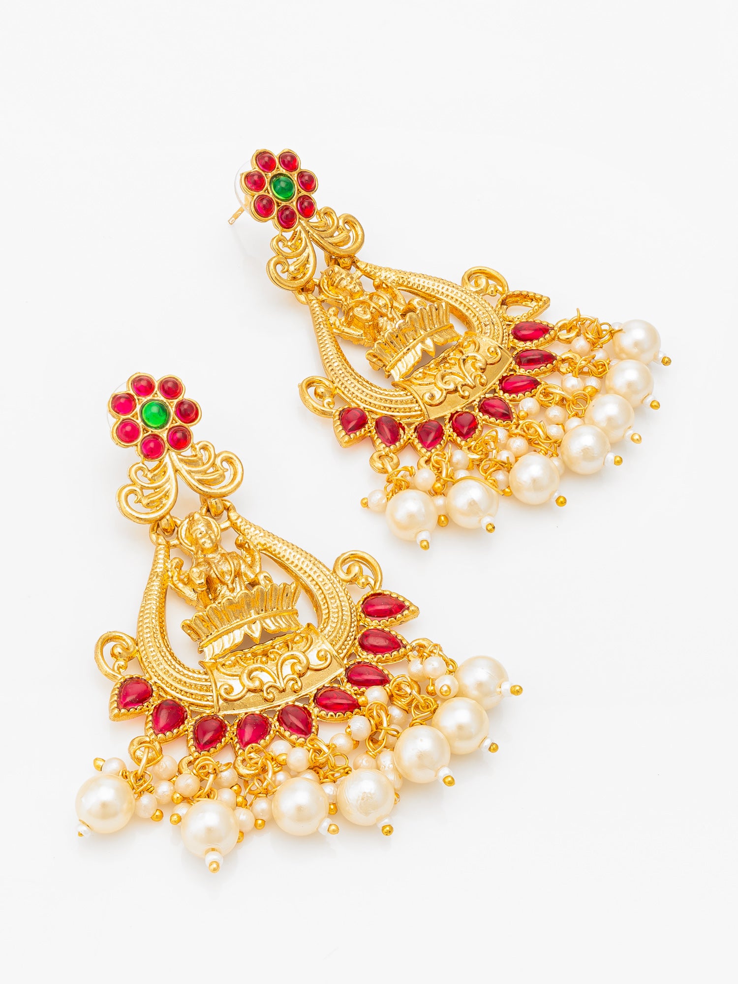 Aadita Temple Style Gold Plated Pink & Green Chandelier Earrings