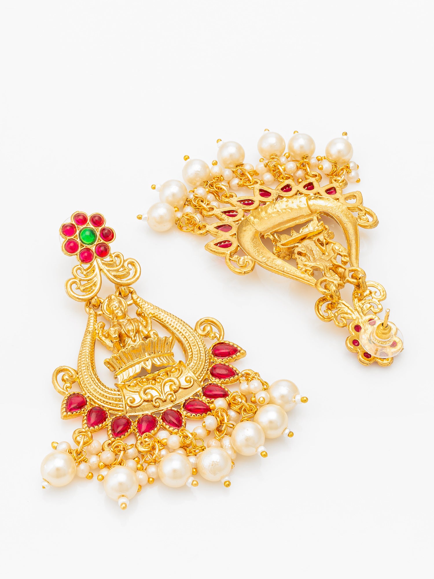 Aadita Temple Style Gold Plated Pink & Green Chandelier Earrings