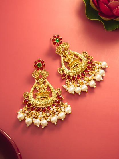 Aadita Temple Style Gold Plated Pink & Green Chandelier Earrings
