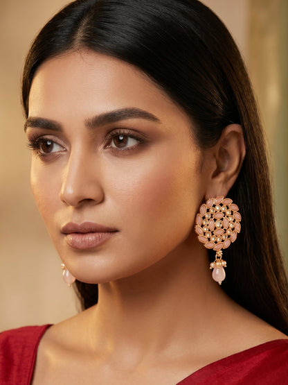 Aadita Gold Plated Pink Stone Stud Drop Earrings with Bead Accent