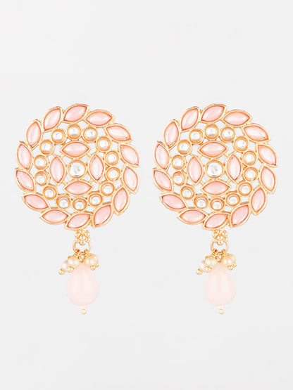 Aadita Gold Plated Pink Stone Stud Drop Earrings with Bead Accent