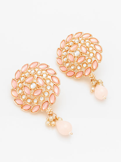 Aadita Gold Plated Pink Stone Stud Drop Earrings with Bead Accent