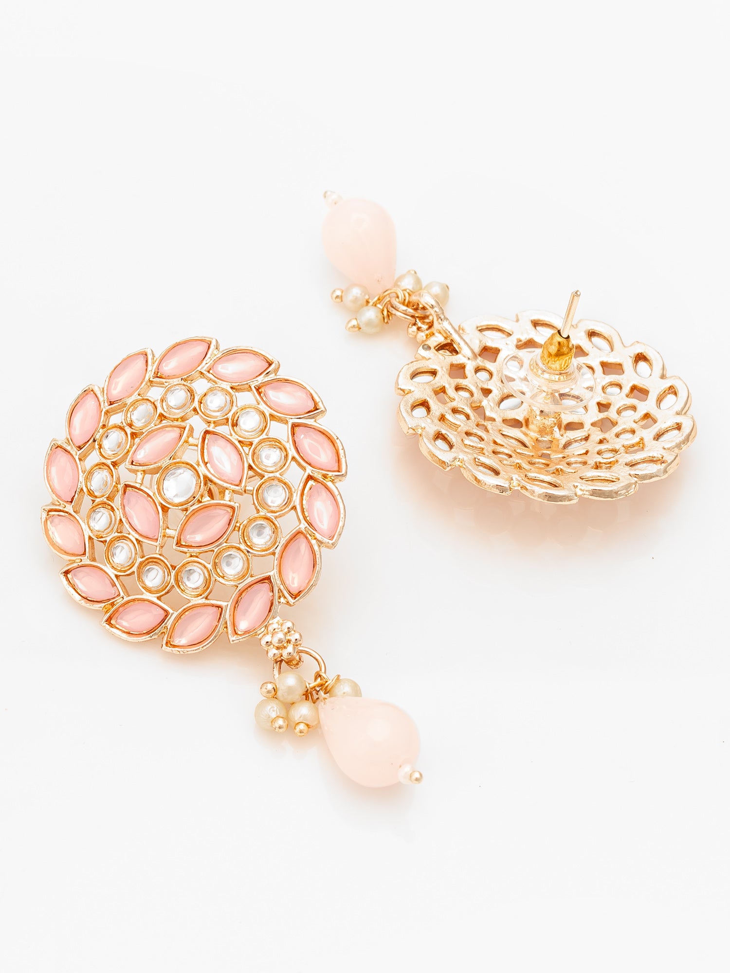 Aadita Gold Plated Pink Stone Stud Drop Earrings with Bead Accent