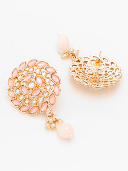 Aadita Gold Plated Pink Stone Stud Drop Earrings with Bead Accent