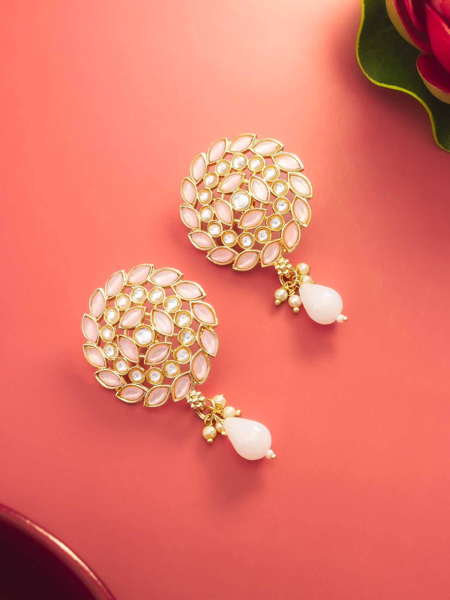 Aadita Gold Plated Pink Stone Stud Drop Earrings with Bead Accent