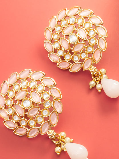 Aadita Gold Plated Pink Stone Stud Drop Earrings with Bead Accent
