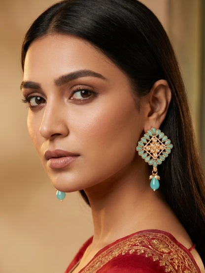 Aadita Gold Plated Mint Green Geometric Stud Drop Earrings