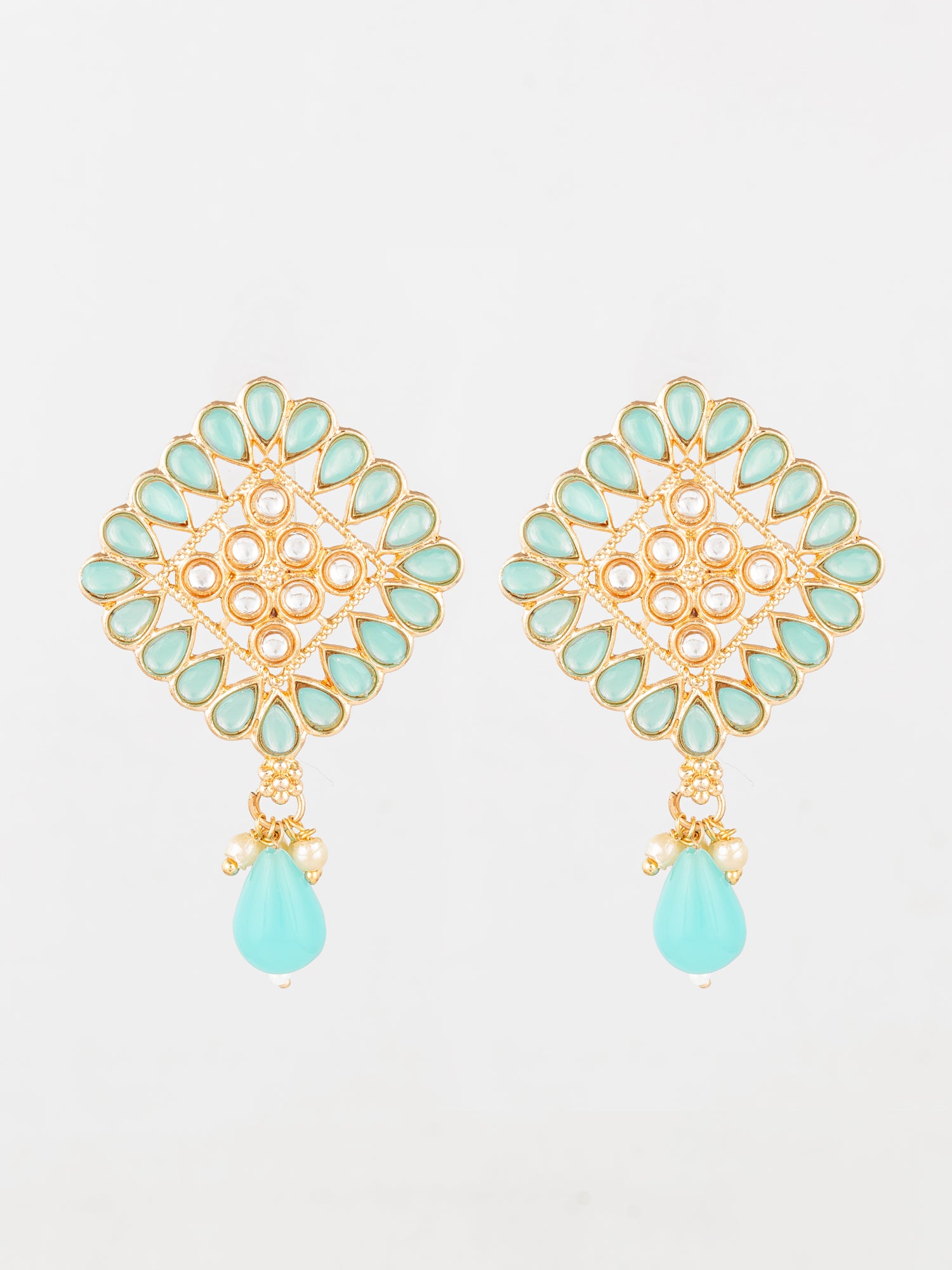 Aadita Gold Plated Mint Green Geometric Stud Drop Earrings