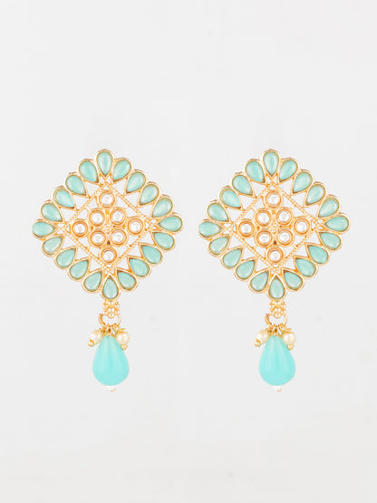 Aadita Gold Plated Mint Green Geometric Stud Drop Earrings
