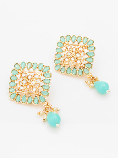 Aadita Gold Plated Mint Green Geometric Stud Drop Earrings