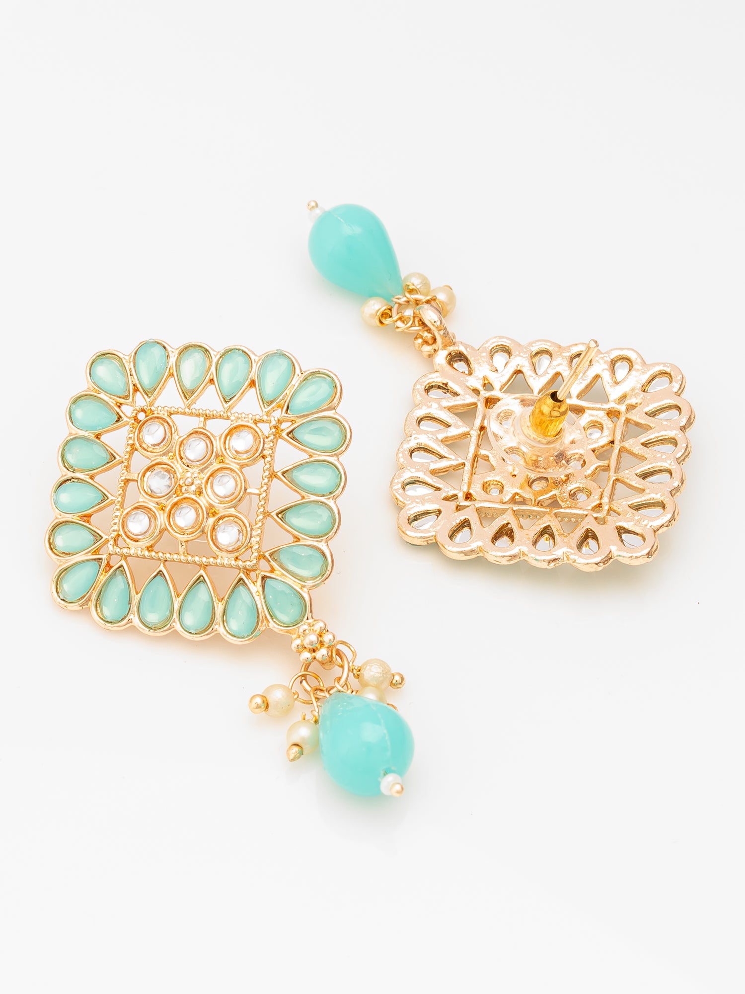 Aadita Gold Plated Mint Green Geometric Stud Drop Earrings