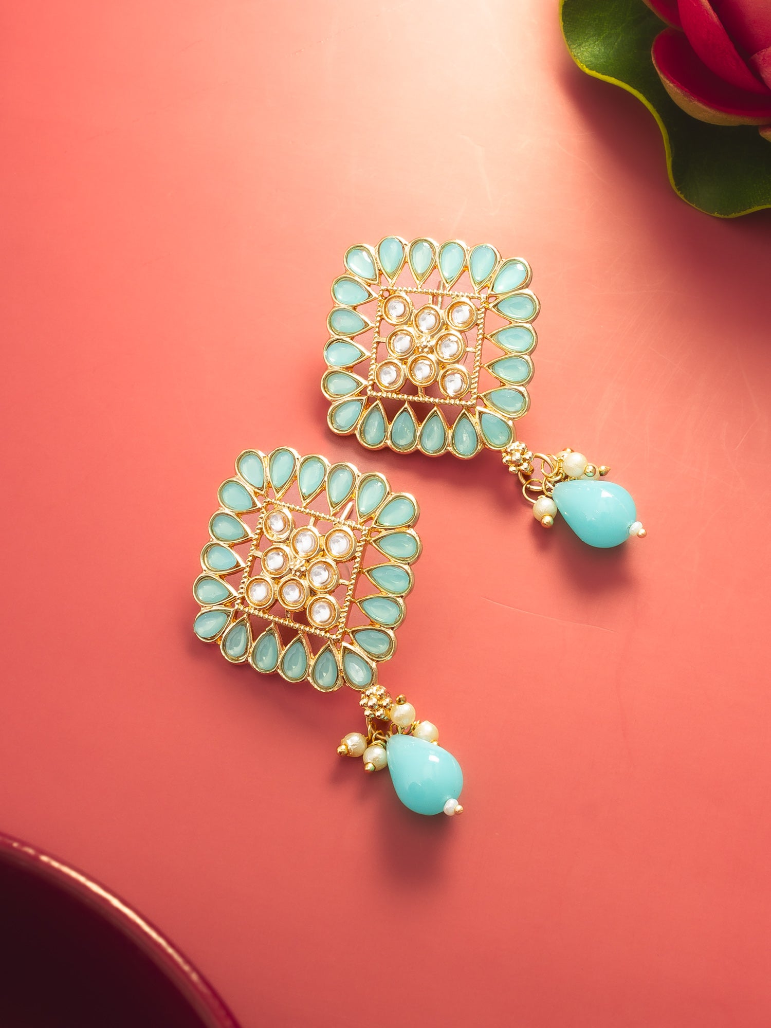 Aadita Gold Plated Mint Green Geometric Stud Drop Earrings