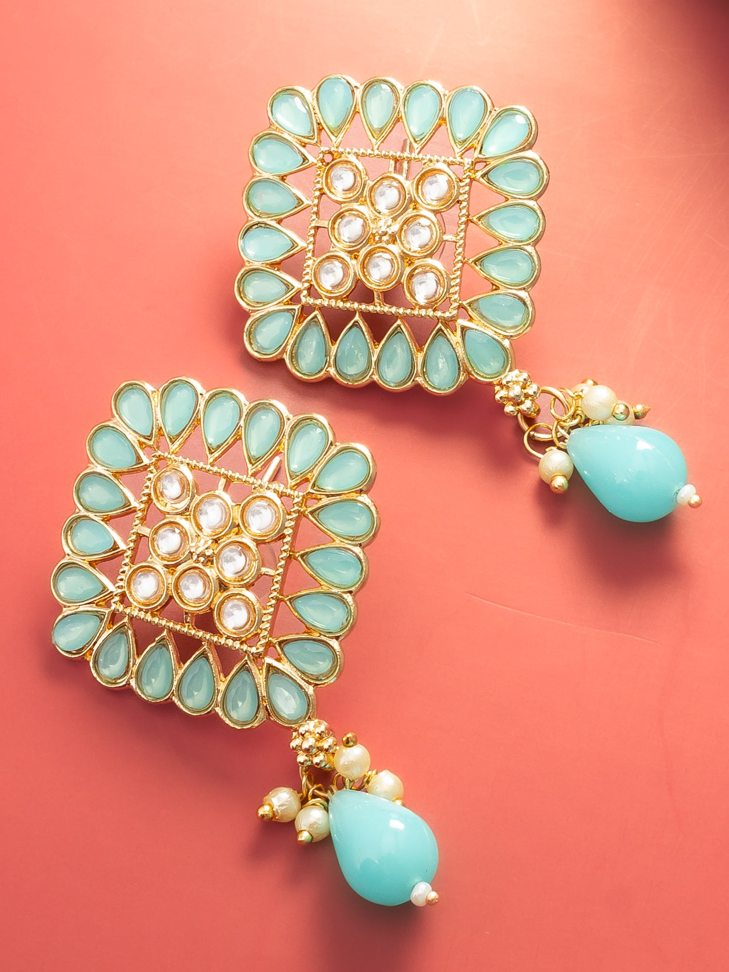 Aadita Gold Plated Mint Green Geometric Stud Drop Earrings
