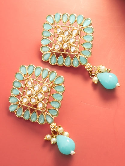 Aadita Gold Plated Mint Green Geometric Stud Drop Earrings