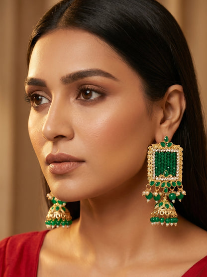 Aadita Gold Plated Green Stone Heavy Chandlier Jhumka Earrings